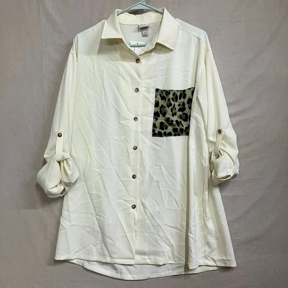 A New Day Women S White Button Down Blouse Shirt Roll Tab Sleeve Leopard Pocket